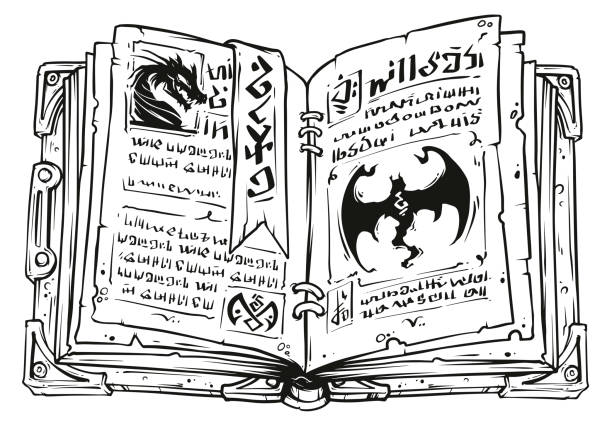ilustraciones, imágenes clip art, dibujos animados e iconos de stock de libro de hechizos de magia abierta de dibujos animados en blanco y negro - halloween witch frame wizard