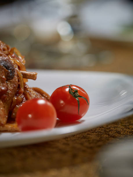 Fresh beef with fried mushrooms.