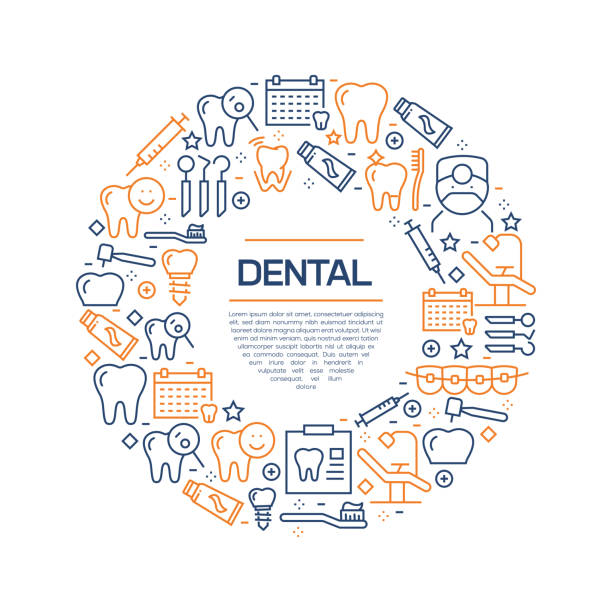 Dental Concept - Colorful Line Icons, Arranged in Circle Dental Concept - Colorful Line Icons, Arranged in Circle dentist backgrounds stock illustrations