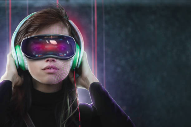 istock Young woman in virtual reality goggles headset. VR system concept. 1142402836