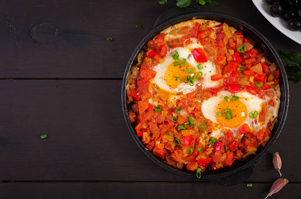 istock Turkish Breakfast -  shakshuka. Fried eggs. Brunch. Top view 1142403887