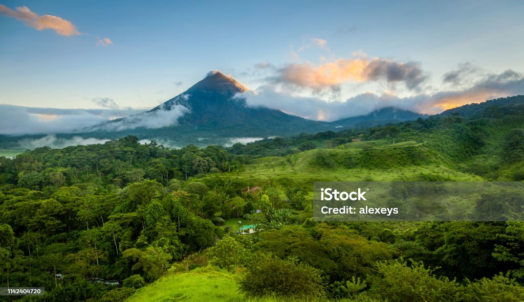 Arenal Volcano, Costa Rica Scenic view of Arenal Volcano in central Costa Rica at sunrise Costa Rica Stock Photo