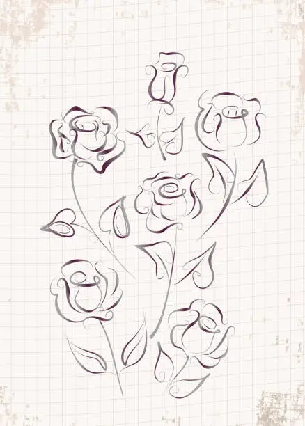 Vector illustration of A set of rose drawn in pen and ink.