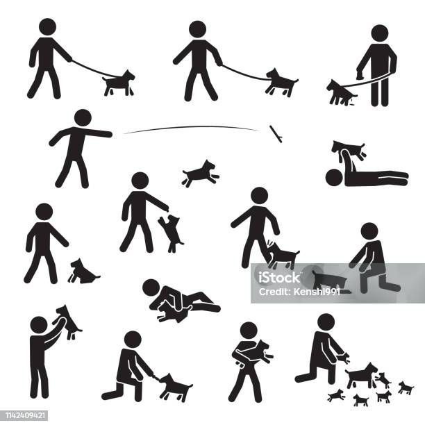Men With Small Bread Dogs Icon Set Vector Stock Illustration - Download Image Now - Dog, Eating, People