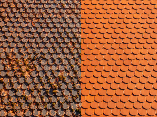 Before and after comparison of a roof tile before and after restoration