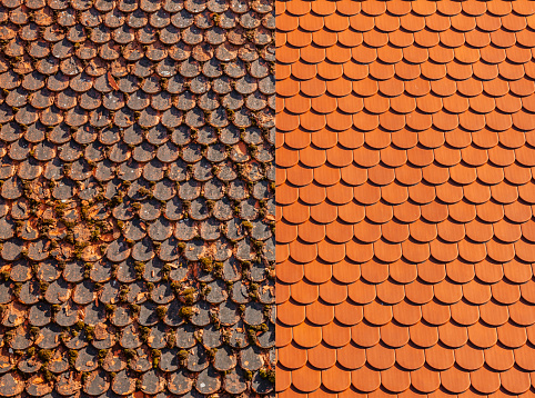 Weathered old clay roof tiles in Spain.