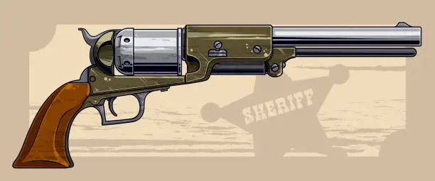 Vector illustration of Graphic detailed old revolver with sheriff star