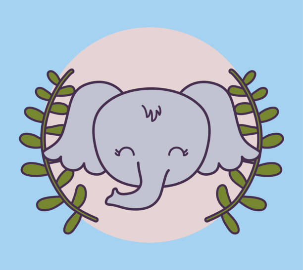 head of cute elephant and crown leafs head of cute elephant and crown leafs vector illustration design elephant ear plant stock illustrations