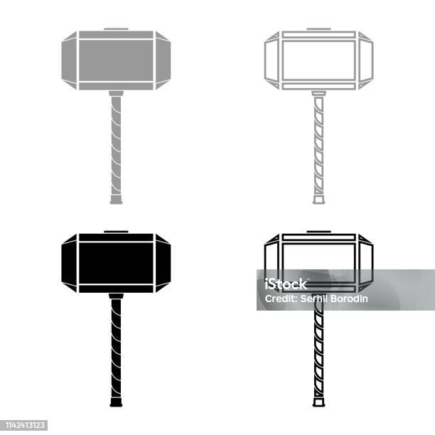 Thors Hammer Mjolnir Icon Set Grey Black Color Illustration Outline Flat Style Simple Image Stock Illustration - Download Image Now