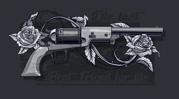 Vector illustration of Graphic detailed old revolver with roses