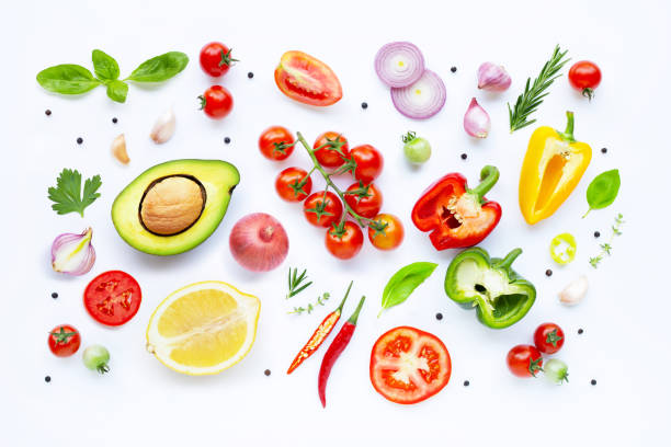 istock Various fresh vegetables and herbs on white background. Healthy eating concept 1142418755