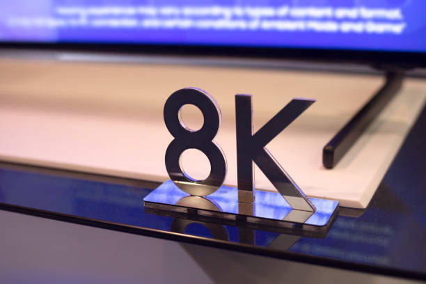 8K HD Sign and TV on background selective focus ultra high definition television stock pictures, royalty-free photos & images