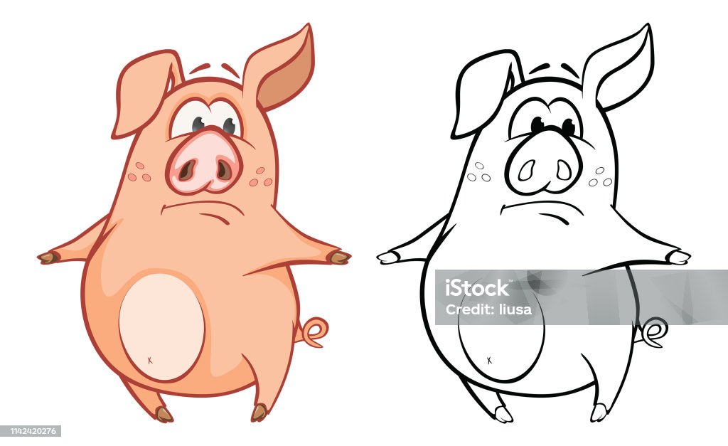 Vector Illustration of a Cute Cartoon Character Pig for you Design and Computer Game. Coloring Book Outline Set pink lovely pig and his sketch Animal stock vector
