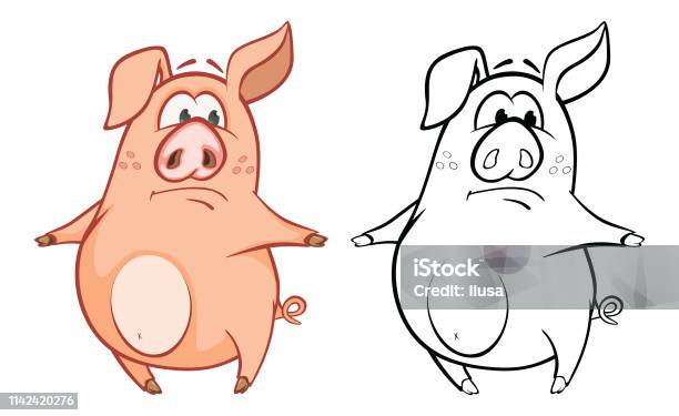 Vector Illustration Of A Cute Cartoon Character Pig For You Design And Computer Game Coloring Book Outline Set Stock Illustration - Download Image Now