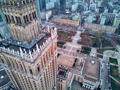 Beautiful panoramic aerial drone view to the center of Warsaw City and Palace of Culture and Science - a notable high-rise building in Warsaw, Poland