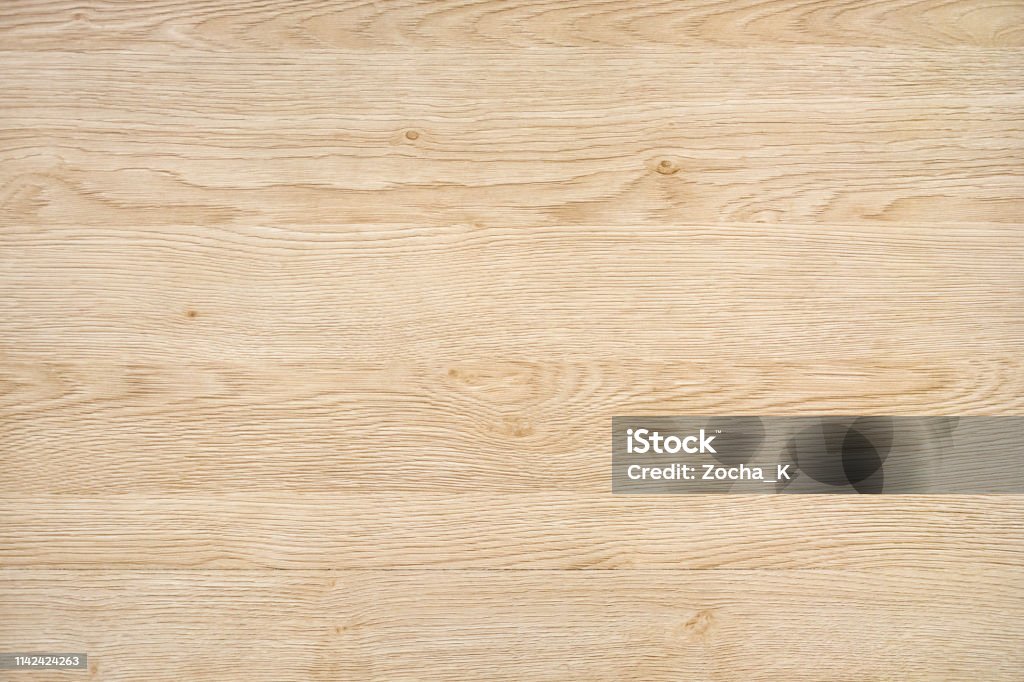 Light natural wood background Light natural wood board composed of six logs. All boards have a strong clear texture of wood and some contain knots. The plank is new and clean. A wood grain pattern featuring even grains of wood running horizontally across the image. Wood - Material Stock Photo