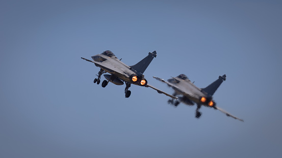 YEOVILTON, UK - 7th July 2018: French Dassault Rafale fighter jets in flight over Yeovilton RNAS airfield in south western UK