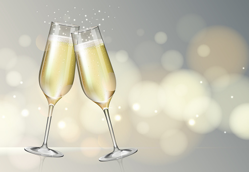 Realistic vector illustration of champagne glasses on blurred holiday silver sparkle background