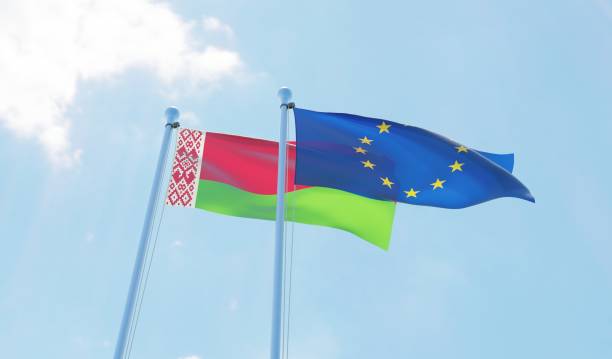 Belarus and European Union, two flags waving against blue sky Belarus and European Union, two flags waving against blue sky. 3d image belarus stock pictures, royalty-free photos & images