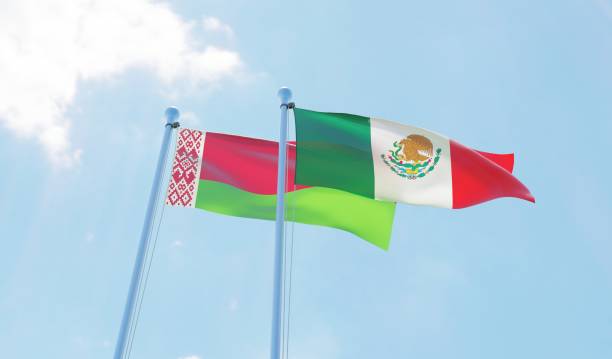 istock Belarus and Mexico, two flags waving against blue sky 1142425819