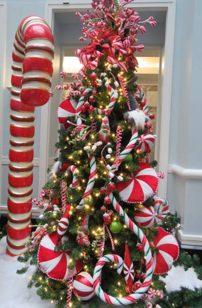 istock Christmas tree beside giant candy cane 1142428011