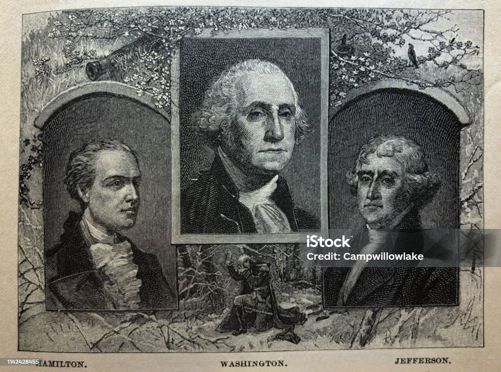 History of the United States - Washington - Hamilton - Jefferson - 1789 - illustration From Barness Primary History of the United States published in 1885 President stock illustration