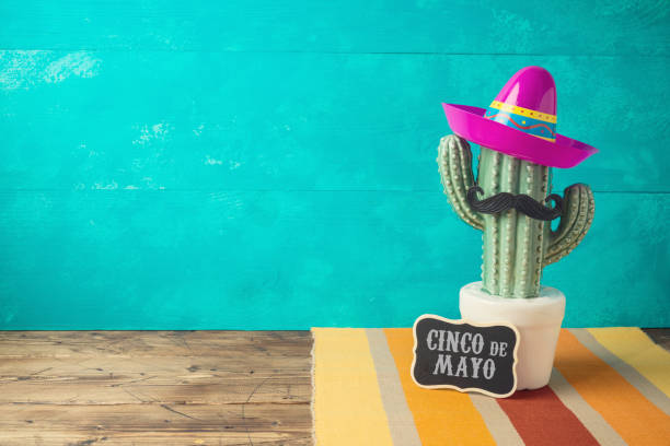 ahşap masada meksika kaktüs ve parti sombrero şapka ile cinco de mayo tatil arka plan - mayıs fotoğraflar stok fotoğraflar ve resimler