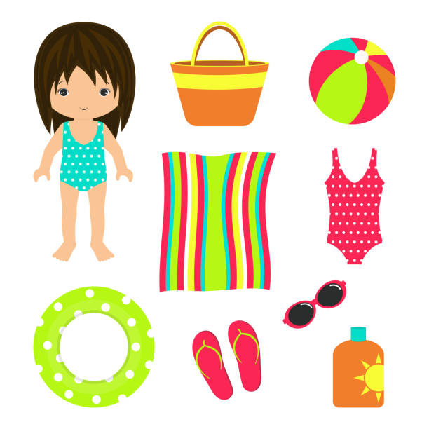 summer beach set towel bag summer set with travel elements, group of beach things isolated on white, cream, flopflops, bag, swimsuit, towel, ball, sunglasses, lifebuoy and girl, vector illustration bathing suit stock illustrations