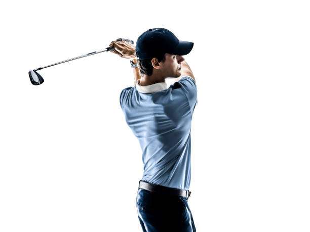 uomo golfista golfista golfista sfondo bianco isolato - golf athlete foto e immagini stock