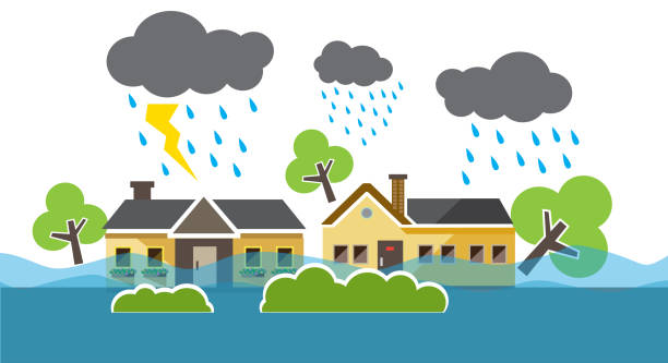 도시 거리에서 홍수 홍수 물 - residential structure house water natural disaster stock illustrations