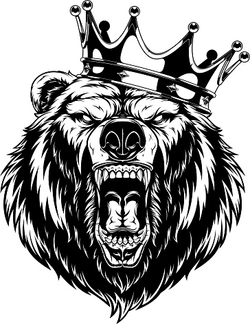 Vector illustration, head of a ferocious grizzly bear wearing a crown, black outline on a white background