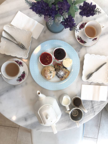 istock scones with milk and hot tea,tea break time with dessert on marble table 1142438578