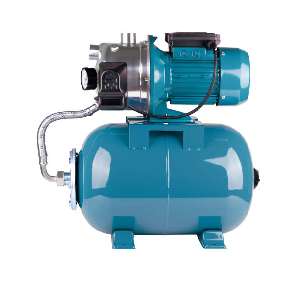 istock Automatic water supply station isolated white background. Steel pump casing, pressure sensor. Blue color station. Rele, cable, hose, pressure sensor. Application in homes, country village, cottage. 1142441469