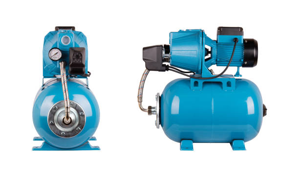 istock Automatic water supply station Two kinds isolated white background. Iron pump casing, pressure sensor. Blue color station. Rele, cable, hose, pressure sensor. Application in homes, country , cottage. 1142441494
