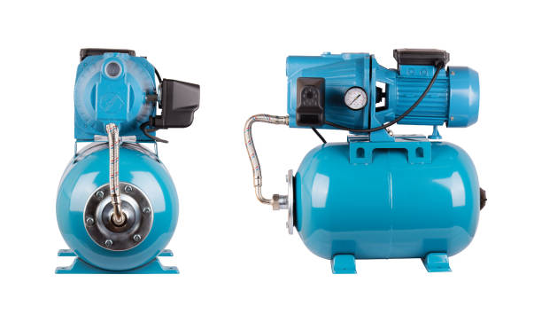 istock Two kinds automatic water supply station, isolated white background. Cast iron pump housing, pressure sensor. Blue color. Rele, cable hose pressure sensor. Application homes, country village cottage. 1142441520