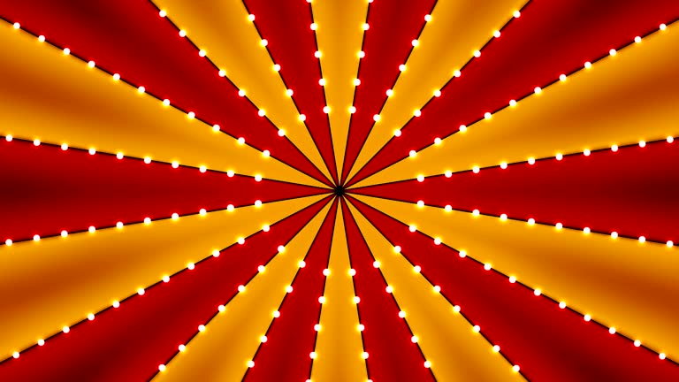 Circus animated rotation looped background of red and gold lines stripe with star constellations light bulbs tinsel. Retro motion graphic sun beam ray. Vintage fun fair burst. Carnival abstract circle