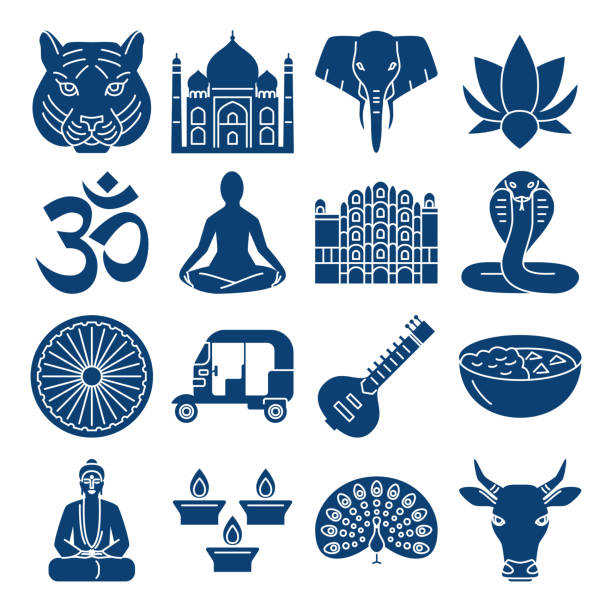 ilustrações, clipart, desenhos animados e ícones de símbolos nacionais de india, ícones da silhueta ajustados no estilo liso - om symbol lotus hinduism symbol