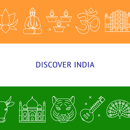 Discover India concept banner in line style with national flag colors. Vector illustration with place for text.