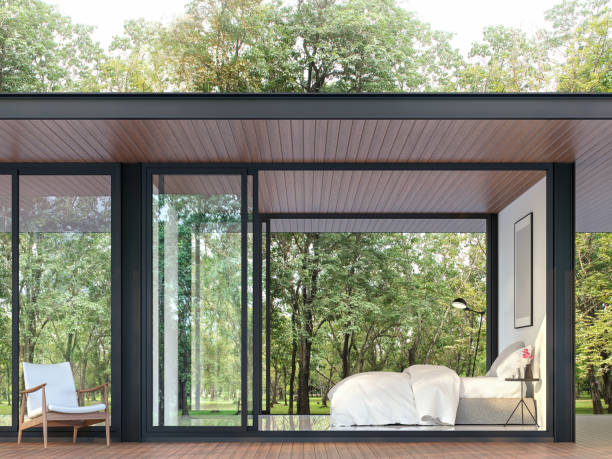 istock Modern bedroom in glass house 3d render 1142443954