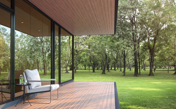 casa estilo loft moderno en un gran jardín 3d render - wood chair outdoors rural scene fotografías e imágenes de stock