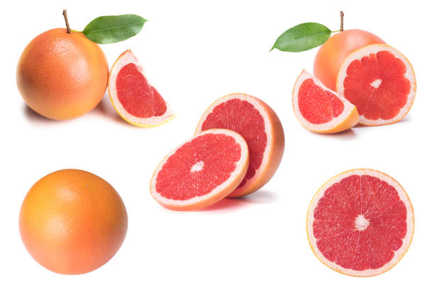istock collection of fresh grapefruit slices isolated on white. collage background 1142448568