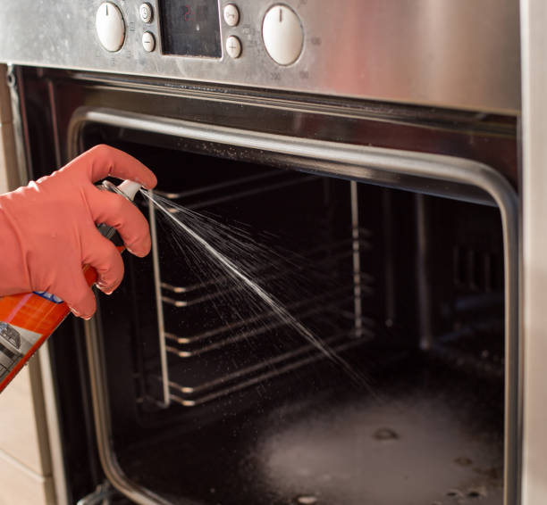 istock Woman cleaning oven with spray 1142449493