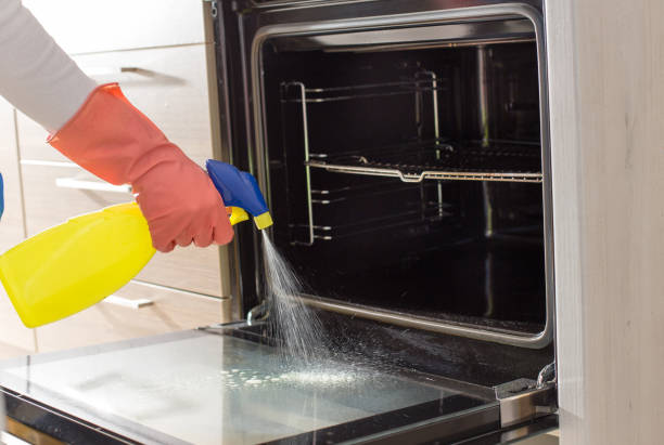 Woman cleaning door of stove Close up of female hands with protective gloves spraying detergent into oven for cleaning oven door stock pictures, royalty-free photos & images