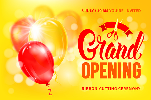 Advertisement of Grand Opening and ribbon cutting ceremony. Unusual design with calligraphy inscription, red ribbon and scissors. Balloons create a festive atmosphere. Vector illustration.
