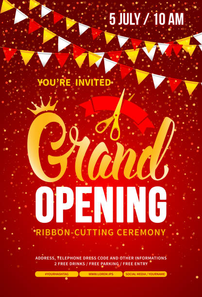 ilustrações, clipart, desenhos animados e ícones de molde para anunciar o poster da abertura grande - business opening beginnings ribbon cutting