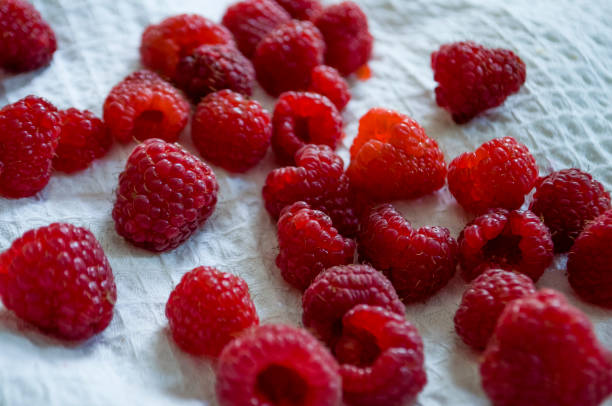 istock Big ripe raspberries are laying on the  table covered with white tablecloth 1142451242