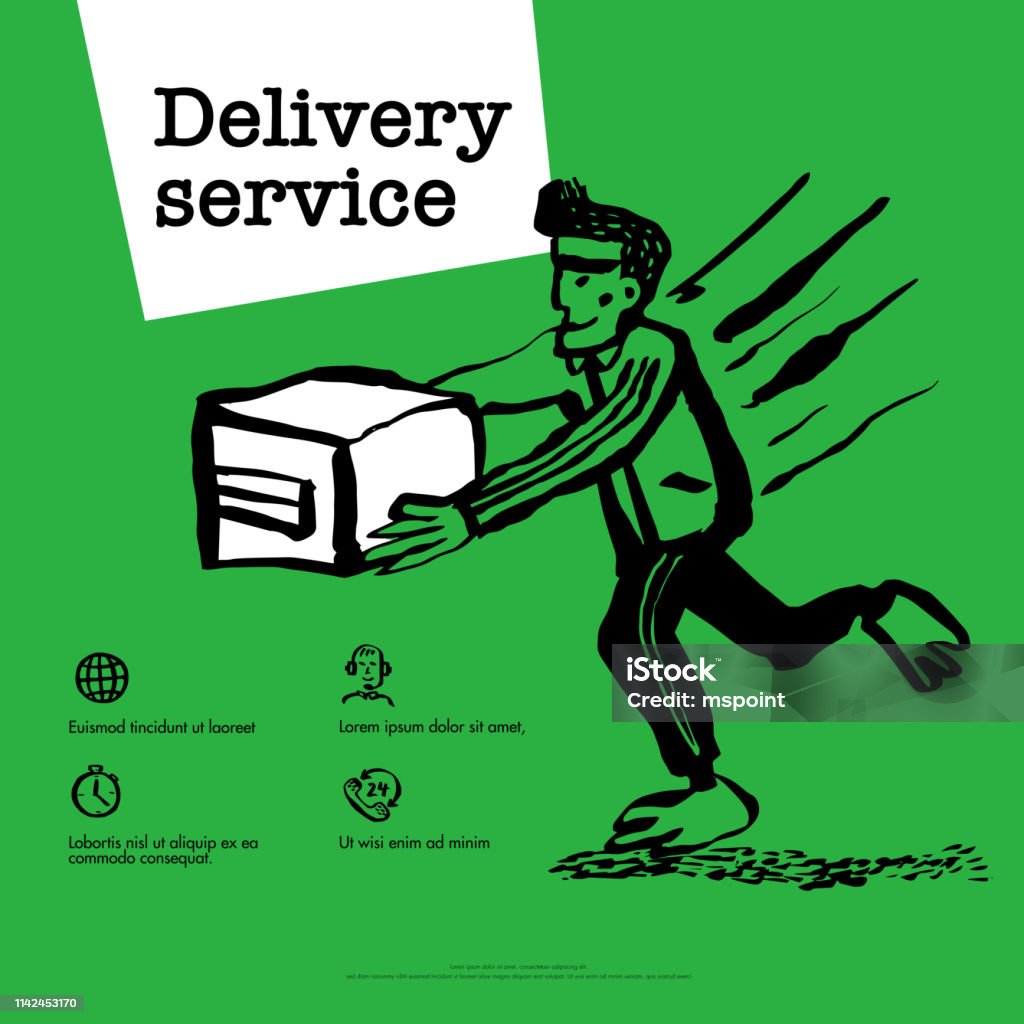 Delivery service concept. Web banner with Delivery guy handing a box on green background. Doodle ink style vector illustration. Delivery service concept. Web banner with Delivery guy handing a box on green background. Doodle ink style vector illustration Adult stock vector