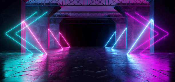 istock Virtual Path Sci Fi Neon Glowing Fluorescent Laser Alienship Stage Dance Lights Ultraviolet Purple Blue Pink In Dark Empty Grunge Concrete Neon Reflective Tunnel Hall Corridor 3D Rendering 1142460847