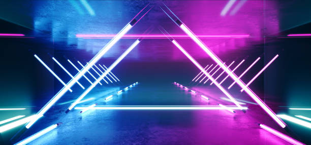 istock Triangle Sci Fi Futuristic Alien Retro Virtual Reality Neon Glowing Fluorescent Purple Blue Vibrant Line Lights In Refelctive Grunge Concrete Glossy Room Stage Hall Psychedelic  3D Rendering 1142461092