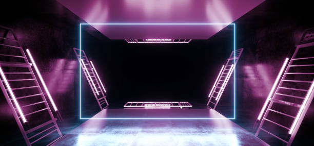 istock Stage Construction Virtual Dance Rectangle Neon Laser Ultraviolet Purple Pink Blue Fluorescent Sci Fi Futuristic Retro Light Tubes Scene  Grunge Concrete Reflective Podium Corridor 3D Rendering 1142461146
